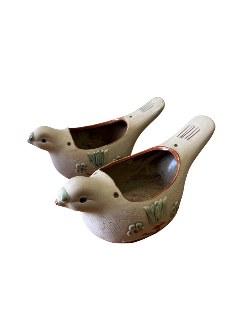 2 VTG 1970’s dove bird clay pottery hanging planter Tulip flower boho folk art